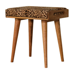 Solid Wood Leopard Velvet Upholstered Tray Style Footstool, Brown and Black