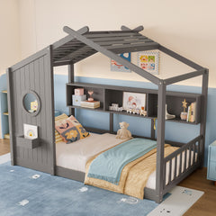 Twin Size Floor House Bed for Toddler, Kids Montessori Bed with Storage Shelf, Playhouse Bed with Roof Design, Gray