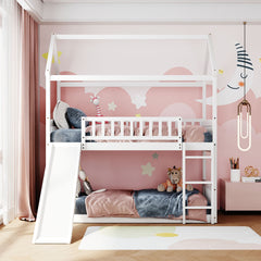 Twin Over Twin Bunk Bed with Slide, House Bed with Slide, White(OLD SKU: LT100213AAK)
