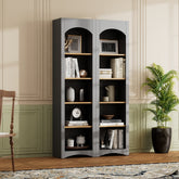 ON-TREND Free Standing 5 Tier Bookshelves, Bookcases Set of 2, Farmhouse Two-Tone Storage Cabinet with Adjustable Shelves, Modern 72"H Kitchen Pantry Cabinet for Living Room, Home Office, Grey