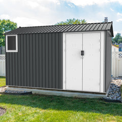 8x12 Ft Metal Outdoor Storage Shed with Window, Floor Base, Air Vents and Double Hinged Door