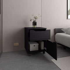 Ethan Open Shelves Nightstand With One Door, Modern Bedside Table For Bedroom Storage, Black