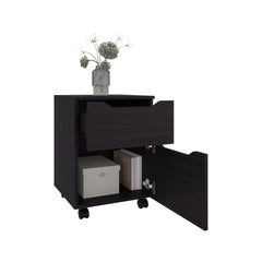 Ethan Open Shelves Nightstand With One Door, Modern Bedside Table For Bedroom Storage, Black