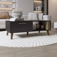 Vance 47" Wide Coffee Table with One Open Shelf and One pull Down Cabinet Door, Living Room, Storage Black Wengue and Natural Oak