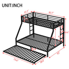 Twin XL Over Queen Metal Bunk Bed with Twin Size Trundle, Black