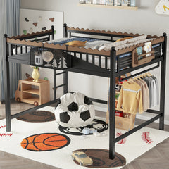 Queen Size Loft Bed with Ladders, Metal Loft Bed with Storage Shelves and bookshelf, No Box Spring Needed and Chic Design, Black