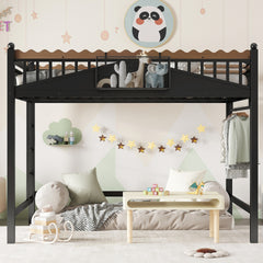 Full Size Loft Bed with Ladders, Metal Loft Bed with Storage Shelves and bookshelf, No Box Spring Needed and Chic Design, Black
