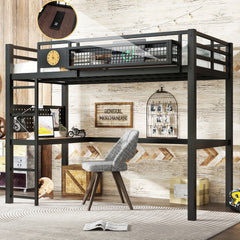 Twin XL Size Loft Bed Frame with desk, storage basket,Metal Loft Bed with clock,and charging port,Black