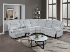 Light Gray Fur Like Corduroy U-Shaped Sectional Sofa w Console Cup Holder, Storage Drawer Motion Reclining Living Room Couch 3pc set
