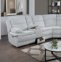 Light Gray Fur Like Corduroy U-Shaped Sectional Sofa w Console Cup Holder, Storage Drawer Motion Reclining Living Room Couch 3pc set