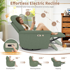 270° Power Swivel Rocker Recliner Chair w/ Phone Holder, Electric Glider Reclining Sofa with USB Ports, Power Swivel Glider, Rocking Chair Nursery Recliners for Living Room Bedroom(Dark Green)