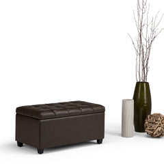 Sienna 33 inch Wide Storage Ottoman Bench in Chocolate Brown Vegan Leather