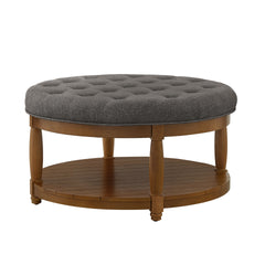 Large Round Upholstered Tufted Linen Ottoman Coffee Table, Large Footrest Ottoman with Solid Wood Shelf-Granite