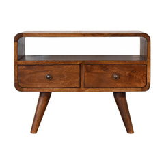 Solid Wood Mini Chestnut Curved Media Unit with 2-Drawers, Open Slot, Nordic Legs, Brown