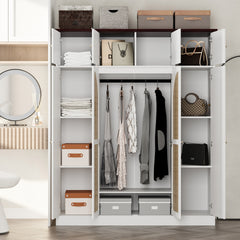 70.87"Tall 8-Door Large Capacity Armoire Wardrobe Closet with Hanging Rod, Adjustable Shelves and Rattan Decorative Doors, Clothing Storage Cabinet for Bedroom, walk-in closet, Living Room, White