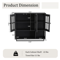 Bathroom Wall Cabinet, 3-Door Wooden Wall Cabinet with Open and Hidden Storage Space, Medicine Cabinet with Glass Door and Towel Bar for Entryway Living Room Bathroom Dining Room,Black
