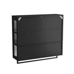 Bathroom Wall Cabinet, 3-Door Wooden Wall Cabinet with Open and Hidden Storage Space, Medicine Cabinet with Glass Door and Towel Bar for Entryway Living Room Bathroom Dining Room,Black