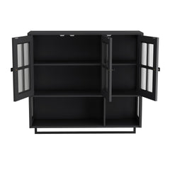 Bathroom Wall Cabinet, 3-Door Wooden Wall Cabinet with Open and Hidden Storage Space, Medicine Cabinet with Glass Door and Towel Bar for Entryway Living Room Bathroom Dining Room,Black