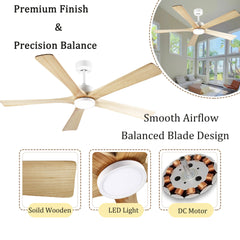 60-Inch Ceiling Fan with Light, 5 Solid Wood Blades, Downrod Mount for Sloped Ceiling ≤15°, Quiet Reversible DC Motor, APP & Remote Control, 6 Speeds, Timer, Dimmable Full-Spectrum LED