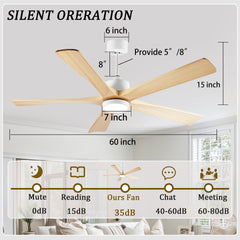 60-Inch Ceiling Fan with Light, 5 Solid Wood Blades, Downrod Mount for Sloped Ceiling ≤15°, Quiet Reversible DC Motor, APP & Remote Control, 6 Speeds, Timer, Dimmable Full-Spectrum LED