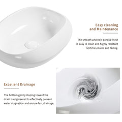 Oval Ceramic Vessel Sink - 18.1"×15" Shatterproof Bathroom Basin, Crack-Resistant Gloss Finish, No Faucet Hole without Drain, 5.5" Height for Small Countertops (Safe Packaging Certified)