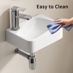 Floating Bathroom Sink Wall Mounted - Rectangle Vessel Sink 14" x 10" Small Modern Bathroom Wall Hung Sink White Porcelain Ceramic Vessel Vanity Sink with Faucet &Drain