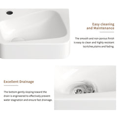 Floating Bathroom Sink Wall Mounted - Rectangle Vessel Sink 14" x 10" Small Modern Bathroom Wall Hung Sink White Porcelain Ceramic Vessel Vanity Sink with Faucet &Drain