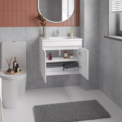 Chaux Floating, Wide Double Door Vanity, With Resin Sink And Two Shelves, Bathroom Storage, White
