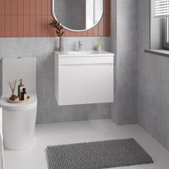 Chaux Floating, Wide Double Door Vanity, With Resin Sink And Two Shelves, Bathroom Storage, White