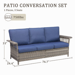 76.7" Wide Outdoor Wicker Patio Sofa, Wide Armrest Outdoor Couch with Blue Cushions for Porch Garden