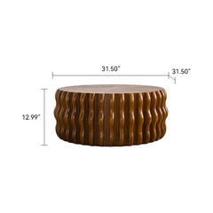 31.50" Ribbed Wave Round Coffee Table - Solid Wood & MDF Mid-Century Center Table, Brown Modern Drum Fluted Coffee Table for Living Room/Apartment (Fully Assembled)