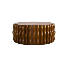 31.50" Ribbed Wave Round Coffee Table - Solid Wood & MDF Mid-Century Center Table, Brown Modern Drum Fluted Coffee Table for Living Room/Apartment (Fully Assembled)