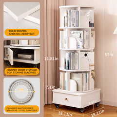 Rotating Bookshelf with Drawer, 360 Display 5 Tier Corner Bookshelf for Small Space, Floor Standing Bookcase Storage Rack, Wood Narrow Organizer for Bedroom, Living Room (WHITE)