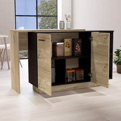Kitchen Island, Double Door Cabinets, Two External Shelves, Three Shelves, Black / Light Oak
