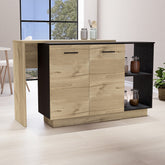 Kitchen Island, Double Door Cabinets, Two External Shelves, Three Shelves, Black / Light Oak