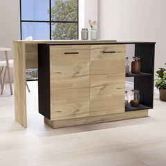 Kitchen Island, Double Door Cabinets, Two External Shelves, Three Shelves, Black / Light Oak