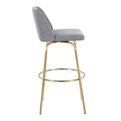 Toriano 30" Contemporary Fixed-Height Barstool with Swivel in Grey Fabric and Gold Metal with Round Footrest by LumiSource - Set of 2