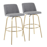 Toriano 30" Contemporary Fixed-Height Barstool with Swivel in Grey Fabric and Gold Metal with Round Footrest by LumiSource - Set of 2