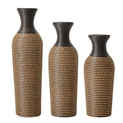 Hand-Woven PVC Rattan Vases, Set of 3 Decorative Floor Vases, 27.56in 23.62in 19.69in Tall Brown Striped Farmhouse Vases for Living Room & Office Decor