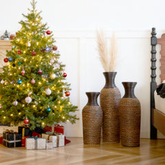 Hand-Woven PVC Rattan Vases, Set of 3 Decorative Floor Vases, 27.56in 23.62in 19.69in Tall Brown Striped Farmhouse Vases for Living Room & Office Decor