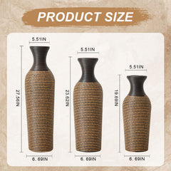 Hand-Woven PVC Rattan Vases, Set of 3 Decorative Floor Vases, 27.56in 23.62in 19.69in Tall Brown Striped Farmhouse Vases for Living Room & Office Decor
