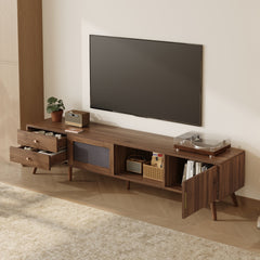 76" Modern Minimal Glass-Doors TV Stand for TVs up to 85 Inches, Wood-Grain Entertainment Center with Storage Cabinets, TV Media Console Table for Living Room, Bedroom