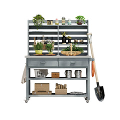 K&K 64.9"H Outdoor Potting Bench Table with Lockable Wheels, Solid Wood Outdoor Kitchen Island with Upper Hutch, Stainless Steel Top, Towel Rack ,Outdoor Storage for Grilling, Lawn Garden -Grey Blue