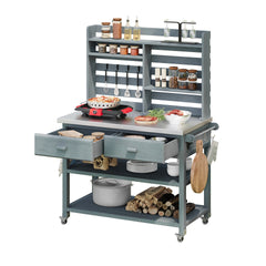 K&K 64.9"H Outdoor Potting Bench Table with Lockable Wheels, Solid Wood Outdoor Kitchen Island with Upper Hutch, Stainless Steel Top, Towel Rack ,Outdoor Storage for Grilling, Lawn Garden -Grey Blue