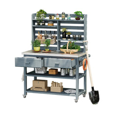 K&K 64.9"H Outdoor Potting Bench Table with Lockable Wheels, Solid Wood Outdoor Kitchen Island with Upper Hutch, Stainless Steel Top, Towel Rack ,Outdoor Storage for Grilling, Lawn Garden -Grey Blue