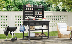K&K 64.9"H Outdoor Potting Bench Table with Lockable Wheels, Solid Wood Outdoor Kitchen Island with Upper Hutch, Stainless Steel Top, Towel Rack ,Outdoor Storage for Grilling, Lawn Garden -Black