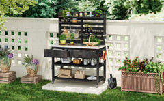K&K 64.9"H Outdoor Potting Bench Table with Lockable Wheels, Solid Wood Outdoor Kitchen Island with Upper Hutch, Stainless Steel Top, Towel Rack ,Outdoor Storage for Grilling, Lawn Garden -Black