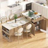 K&K 82.6" Fluted Kitchen Island with Extendable Dining Table for 4-6, Island Table for Kitchen with Power Outlet, Kitchen Table with Double-Side Storage, 2 Drawers 2 Side Open Shelves, Natural