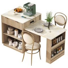 K&K 82.6" Fluted Kitchen Island with Extendable Dining Table for 4-6, Island Table for Kitchen with Power Outlet, Kitchen Table with Double-Side Storage, 2 Drawers 2 Side Open Shelves, Natural