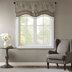 Jacquard Window Rod Pocket Valance With Beads Blue/Brown 50x18"